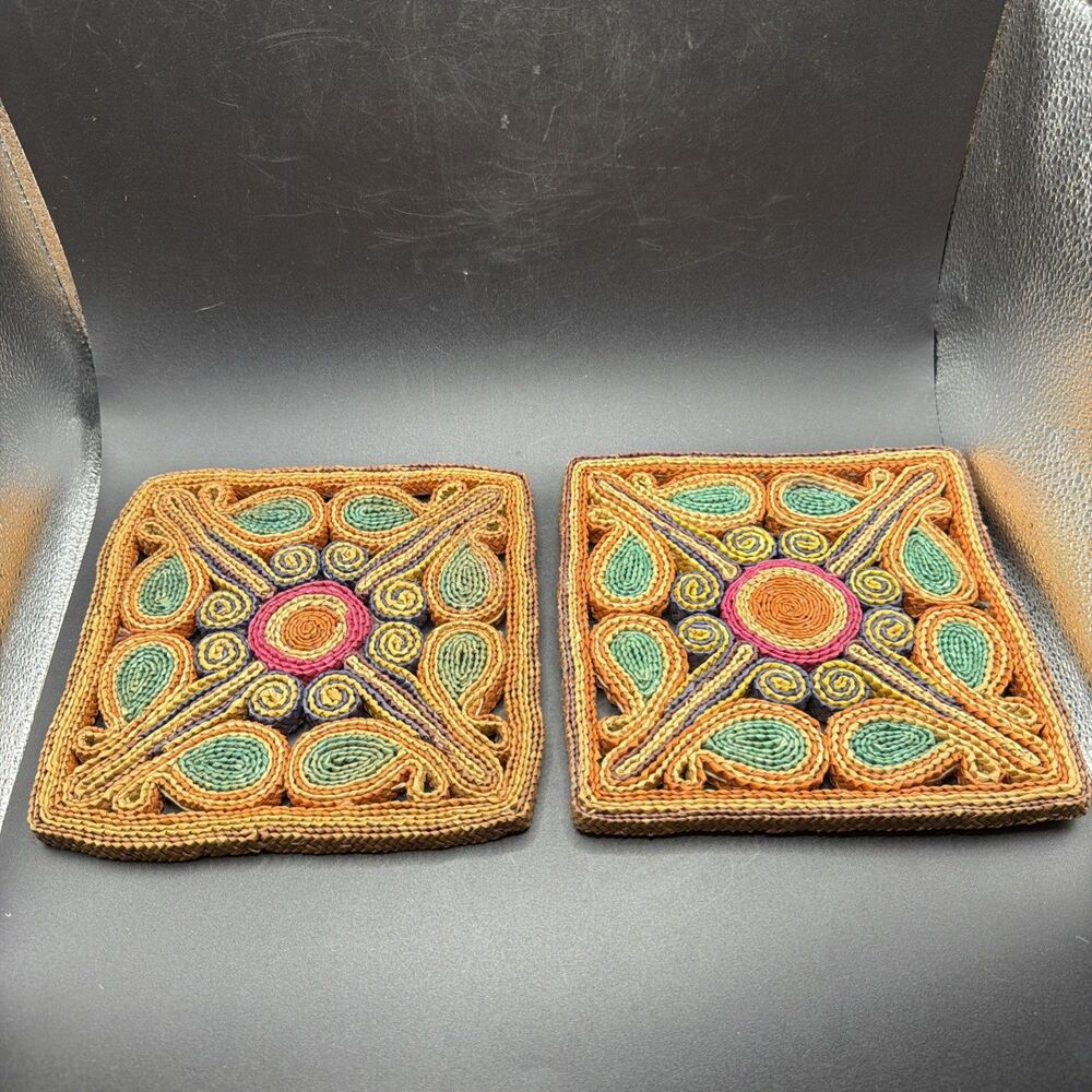 Vintage Woven Wicker Raffia Trivet Hot Pad Ethnic Boho Kitchen Colorful (2)
